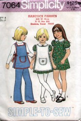 7064 SIMPLICITY SIMPLE SEW 1975 KIDS COLLAR DRESS, APRON, PANTS PATTERN 4 UNCUT